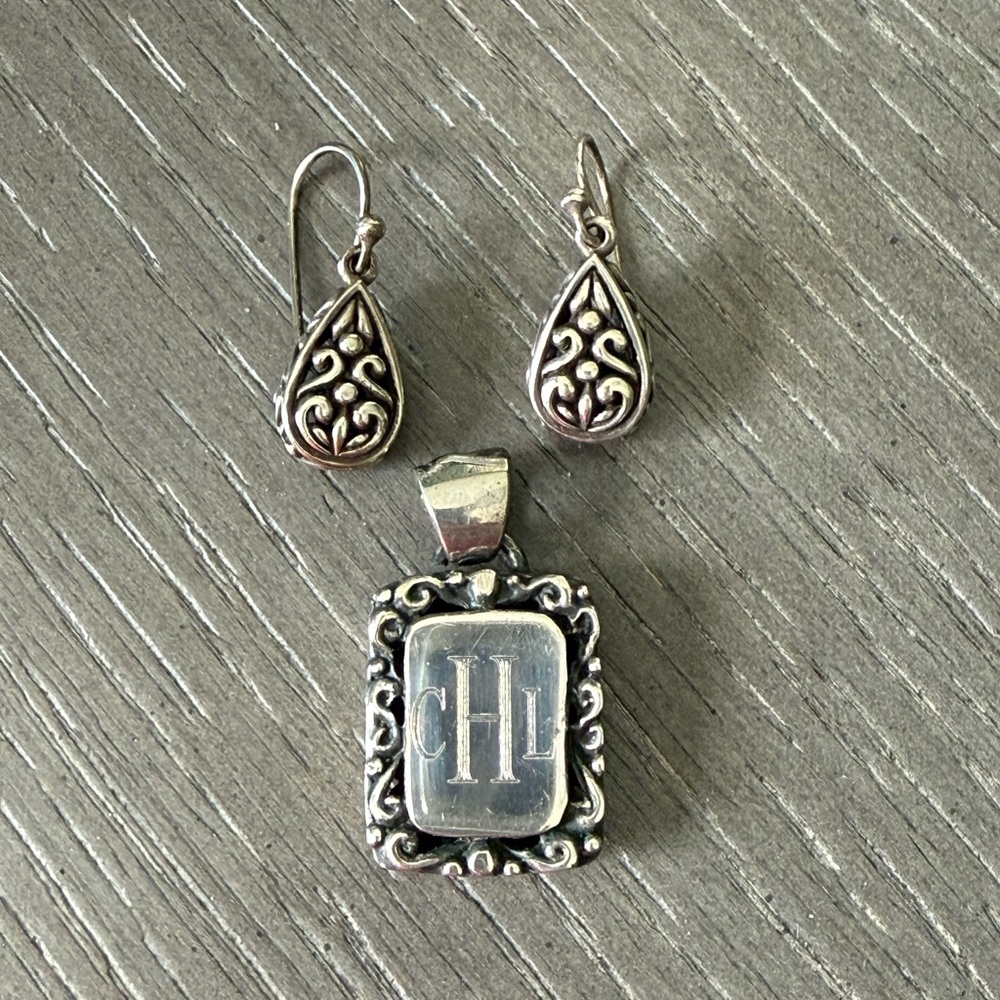 Sterling Silver Teardrop Earrings and Pendant with Intricate Filigree Design